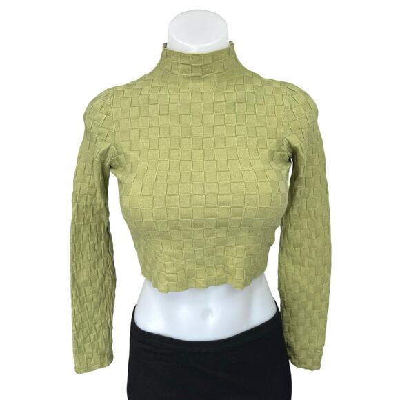L.A. Heart Green Checker Stitch Mock Neck Long Sleeve Cropped Sweater Top Size S - Picture 1 of 5
